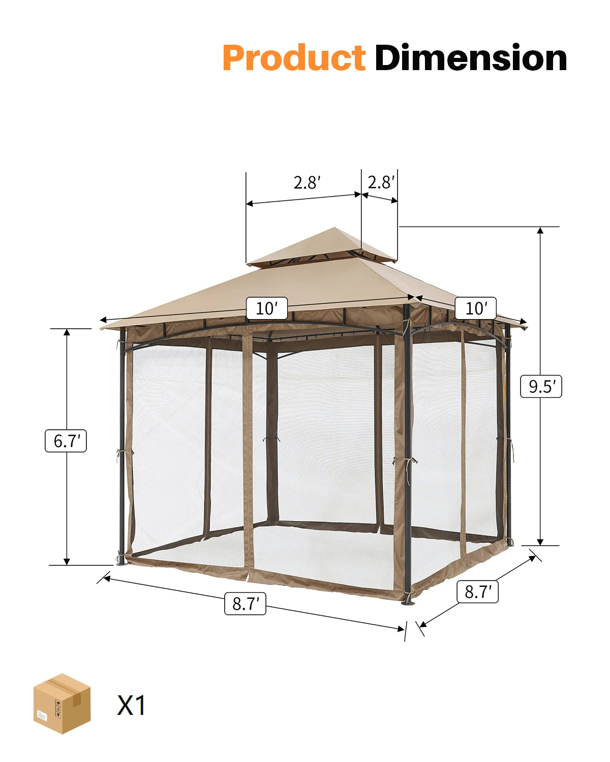 10' x 10' Patio Gazebo with Steel Frame and Double Roof