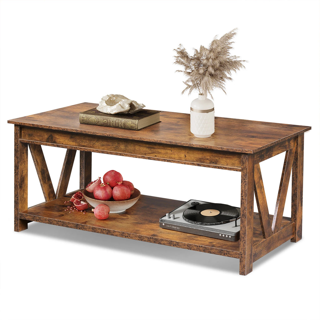 V Shaped Support Farmhouse Wood Center Table for Living Room