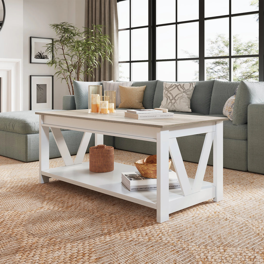 V Shaped Support Farmhouse Wood Center Table for Living Room