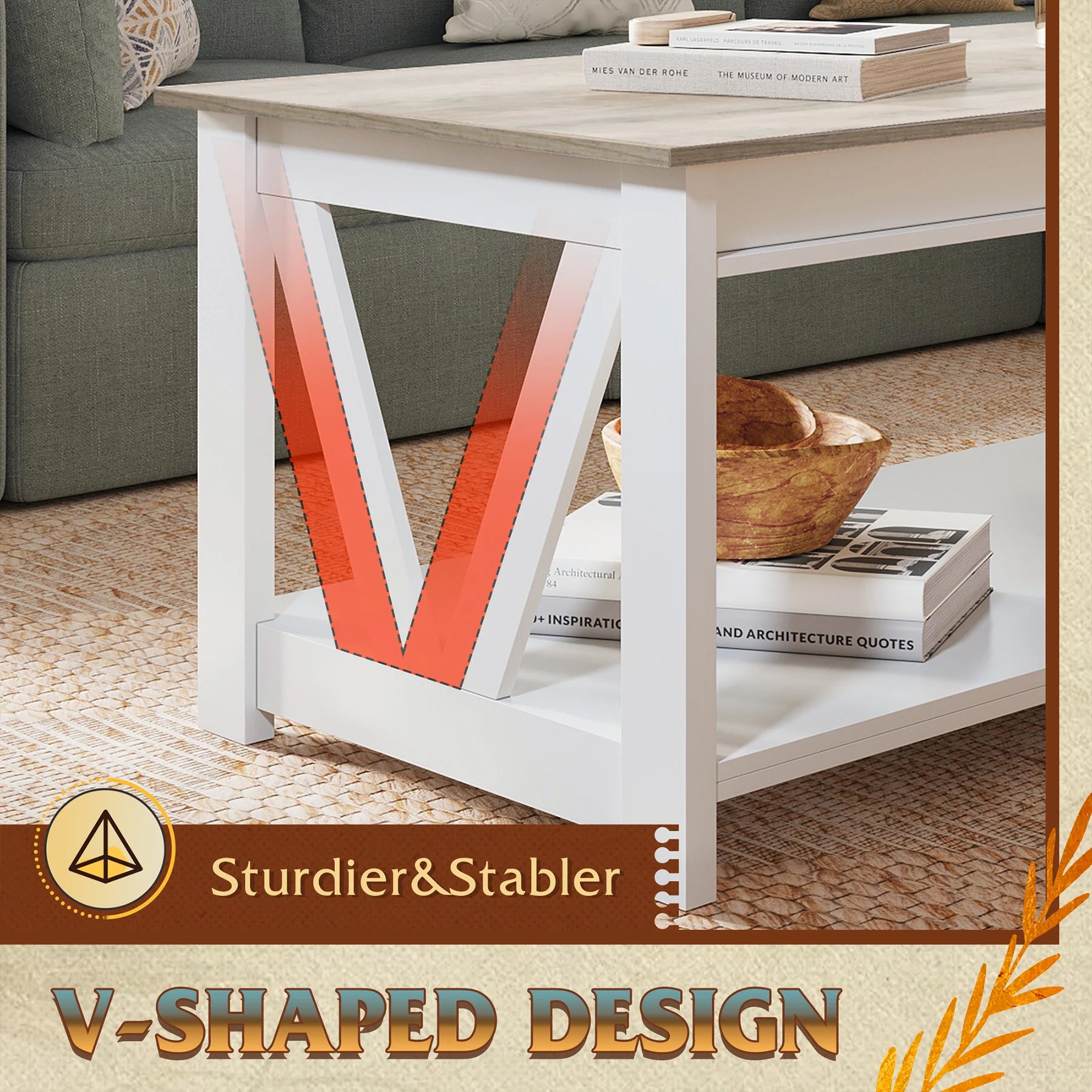 V Shaped Support Farmhouse Wood Center Table for Living Room