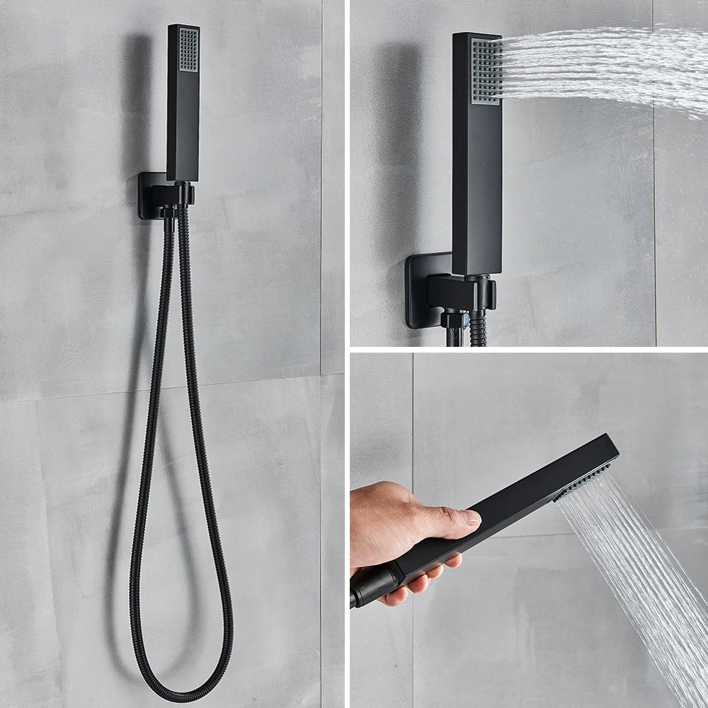 Black Shower Faucets System Wall Mounted Rainfall Kit