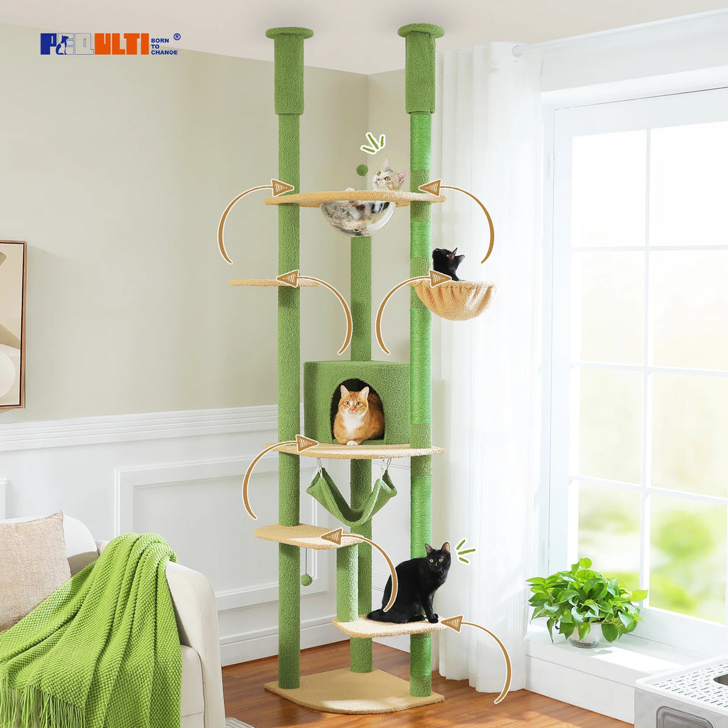 Floor to Ceiling Cat Tower with Scratching Posts Cozy Condo Hammock