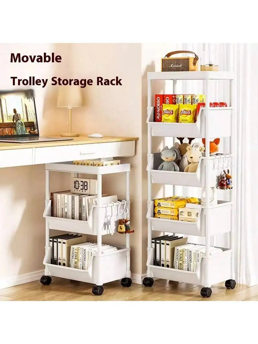 Multi-Tier  Slim Rolling Cart with Storage Bins and Hooks