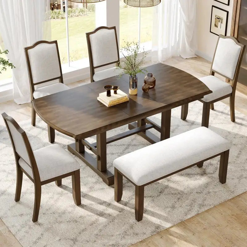 6-Piece Dining Set, Extendable 60-78 inch Wooden Table with Leaf