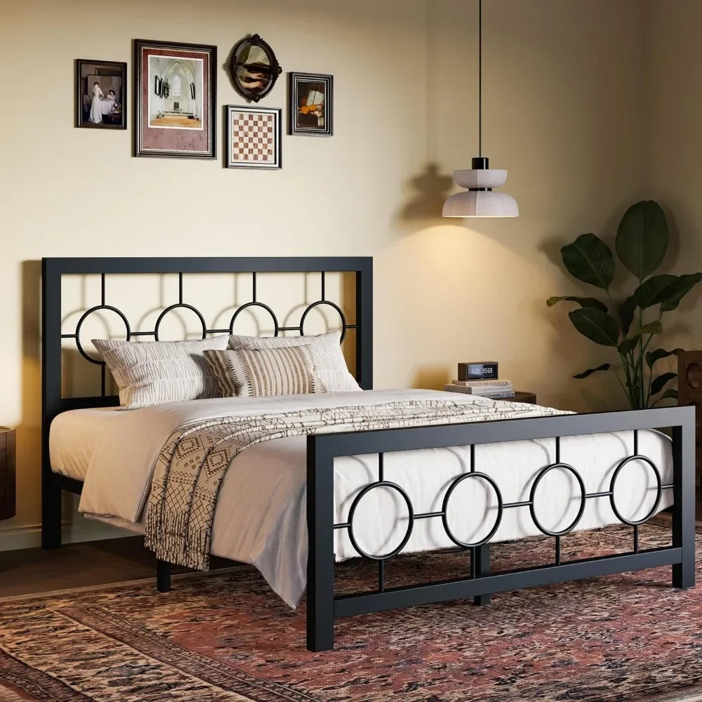 Full Size Bed Frame with Circular Design Headboard and Footboard, No Box Spring Required