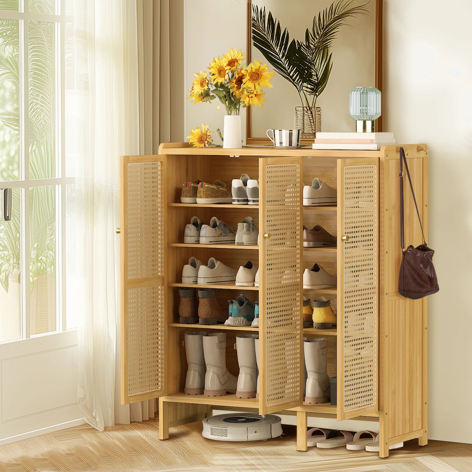 Bamboo Shoes Rack Organizer with Doors and 6 Tiers Shelves