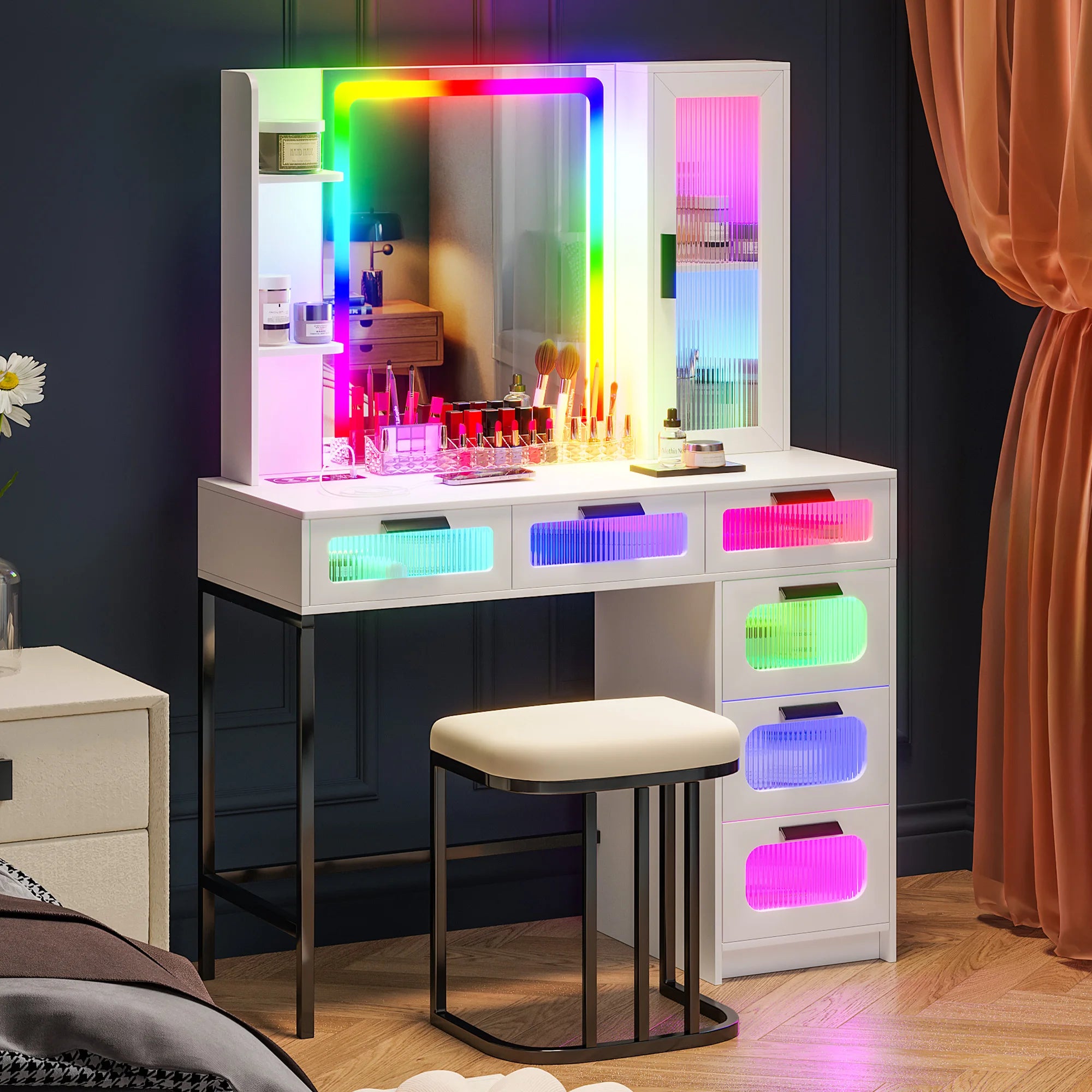 Vanity with RGB Lights and 6 Drawers, with USB/Wireless Charging