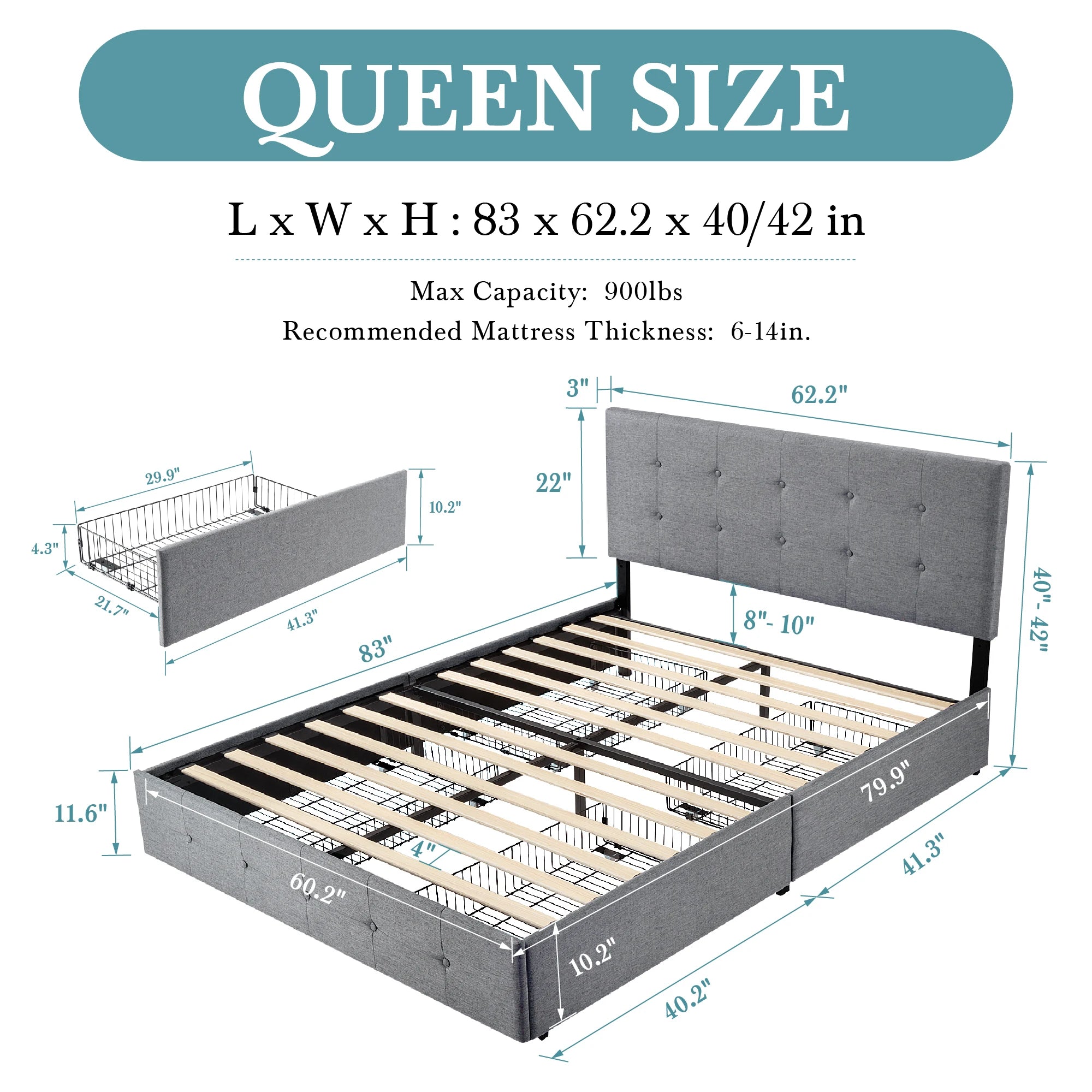 Platform Storage Bed Frame with 4 Drawers, Adjustable Headboard