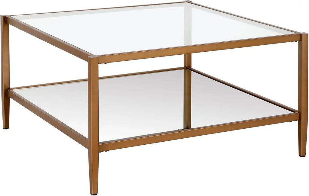-32" Wide Square Coffee Table with Mirror Shelf in Antique Brass
