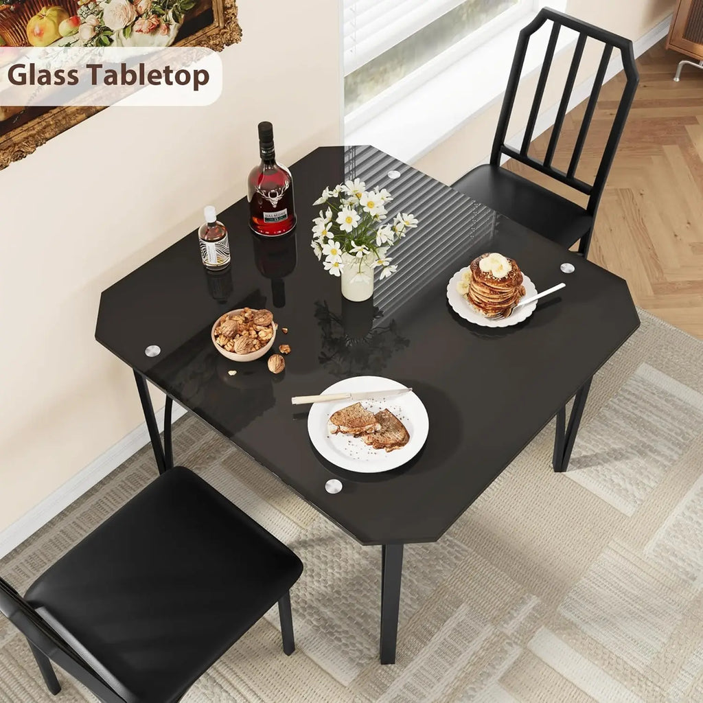 Glass Dining Table Set for 2Chairs for 2 with Padded Seats