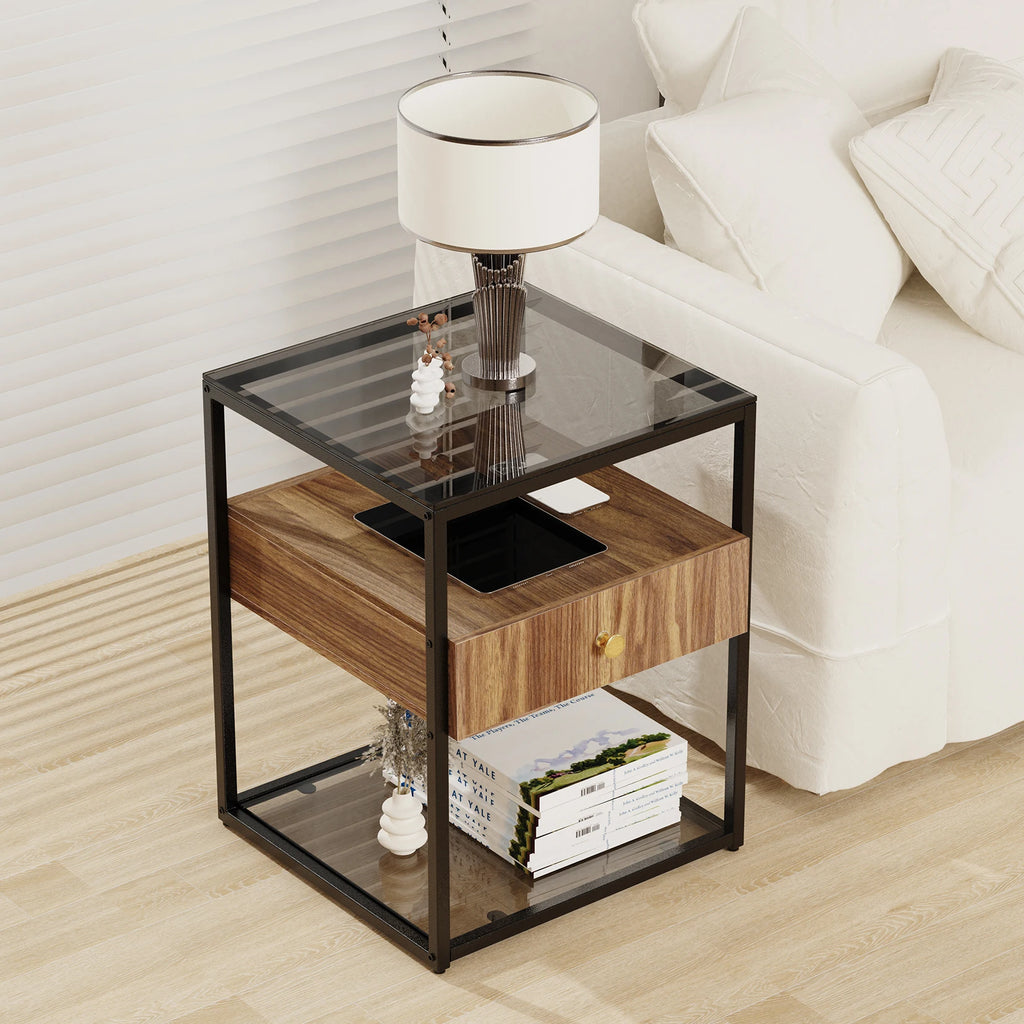 Tempered Glass Side Table, Nightstand, with Drawer and Shelf