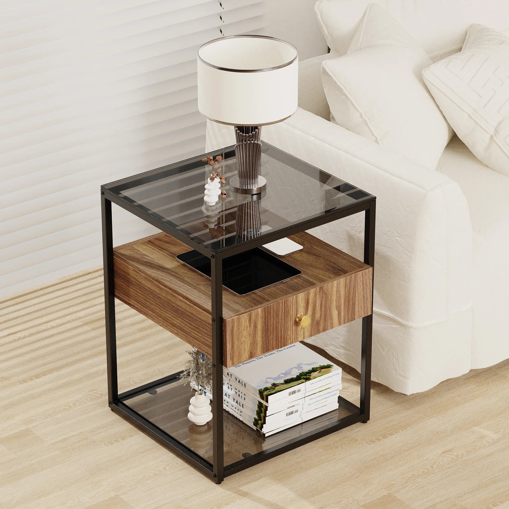 Tempered Glass Side Table, Nightstand, with Drawer and Shelf