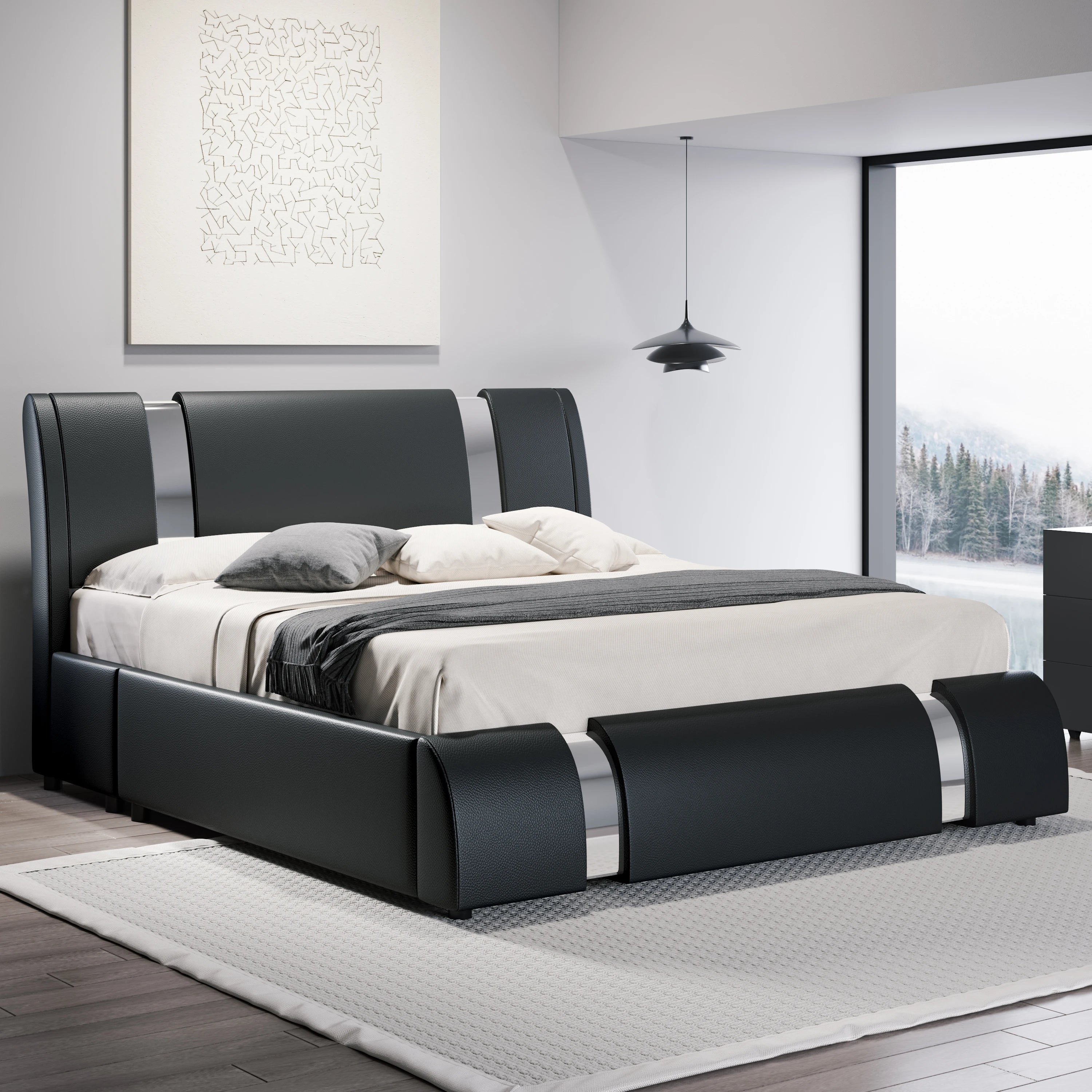 Faux Leather Bed Frame with Iron Pieces Decor, Low Profile