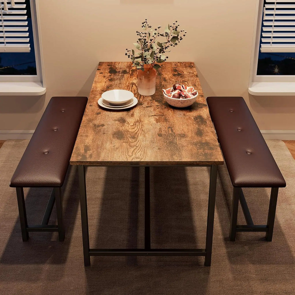 Brown Dining Table Set for 4,  With Upholstered Benches