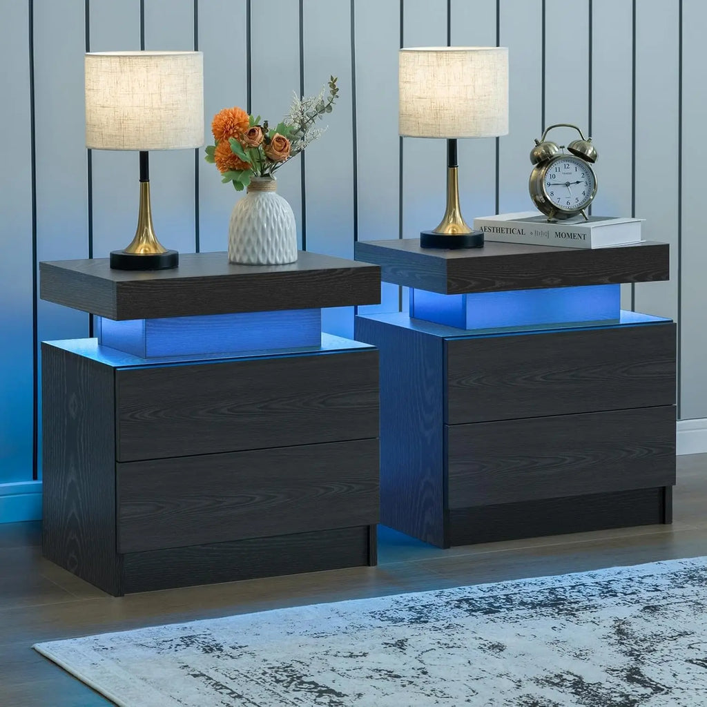Set of 2 LED Nightstand with 2 Drawers for Bedroom