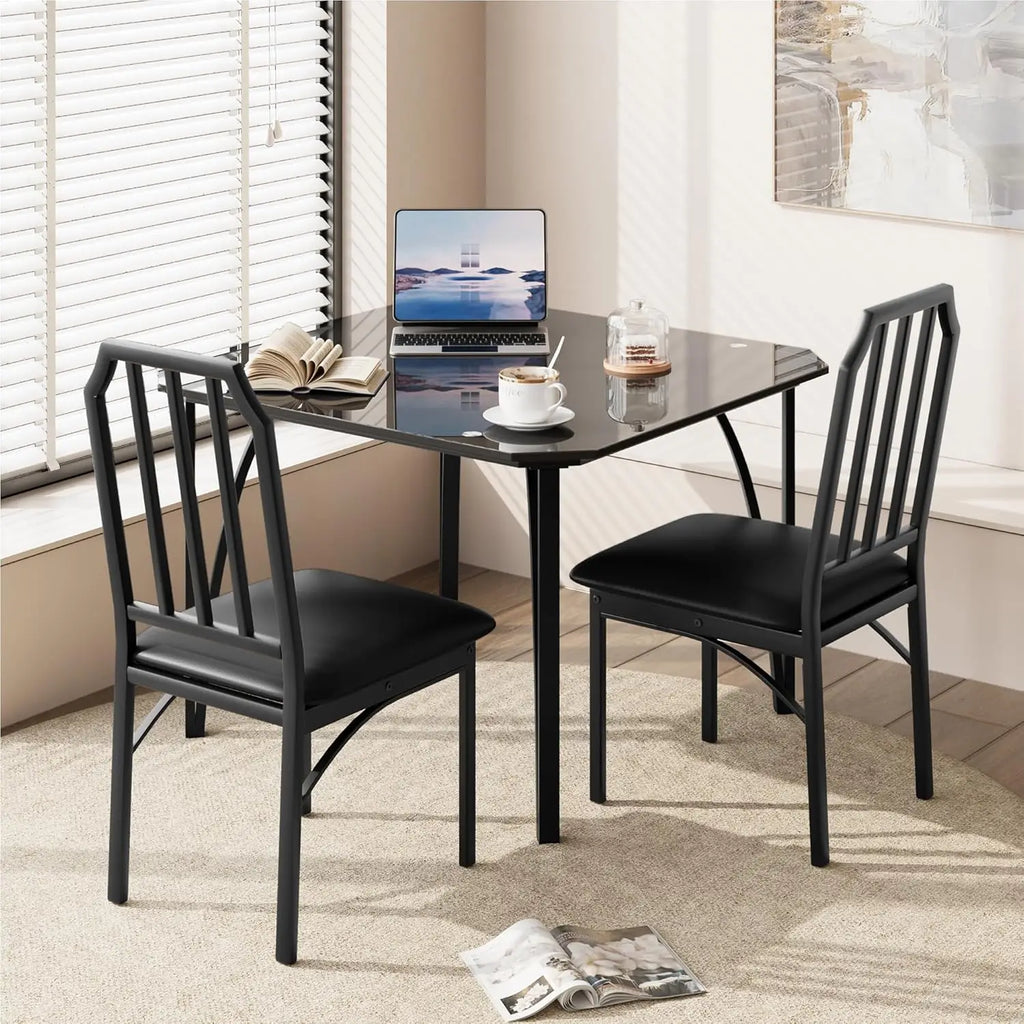 Glass Dining Table Set for 2Chairs for 2 with Padded Seats