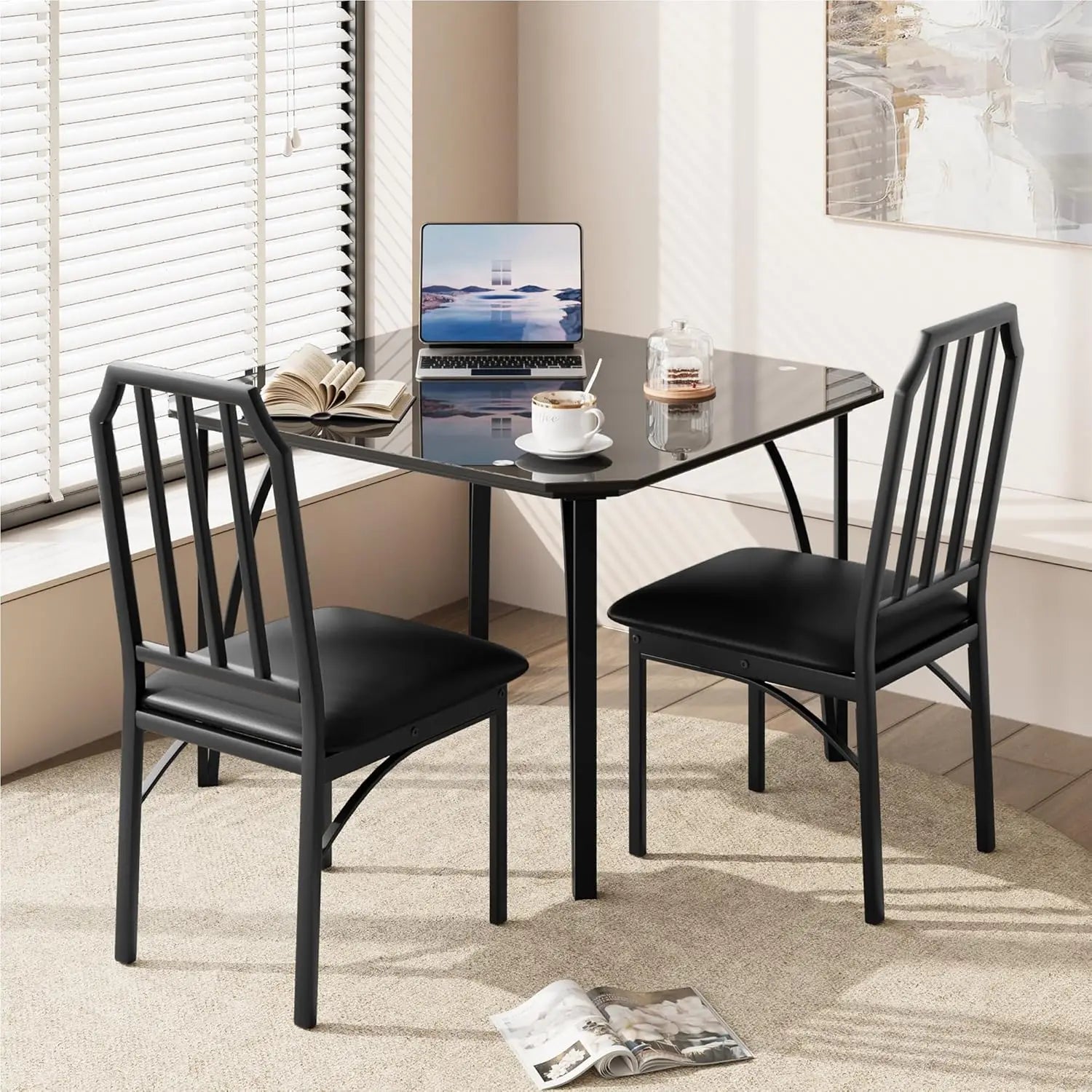 Glass Dining Table Set for 2Chairs for 2 with Padded Seats