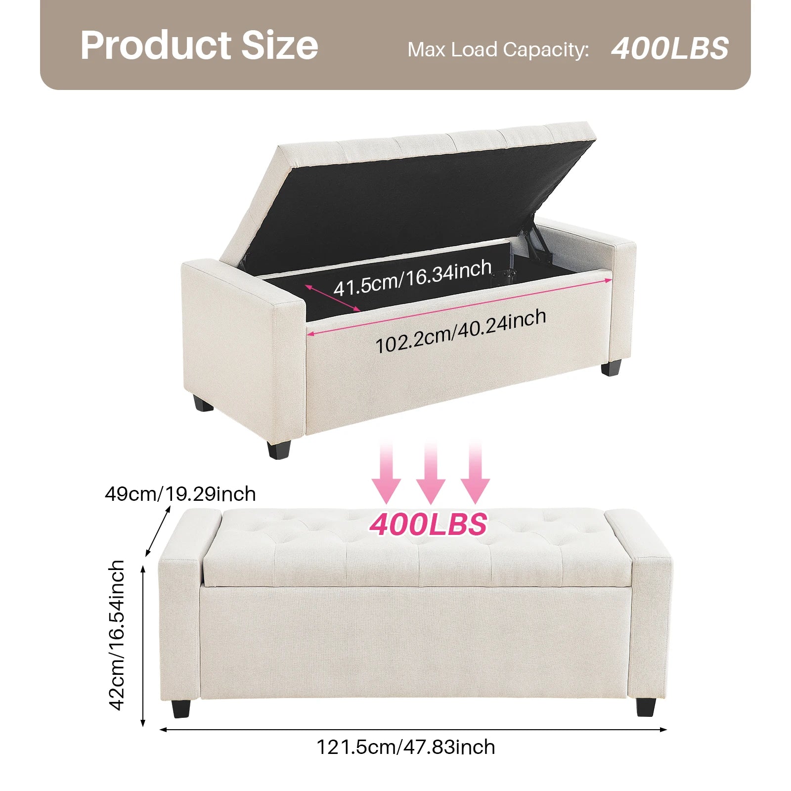 47.8'' Storage Ottoman w/ Flipping Lid Safe Hinge for Living Room