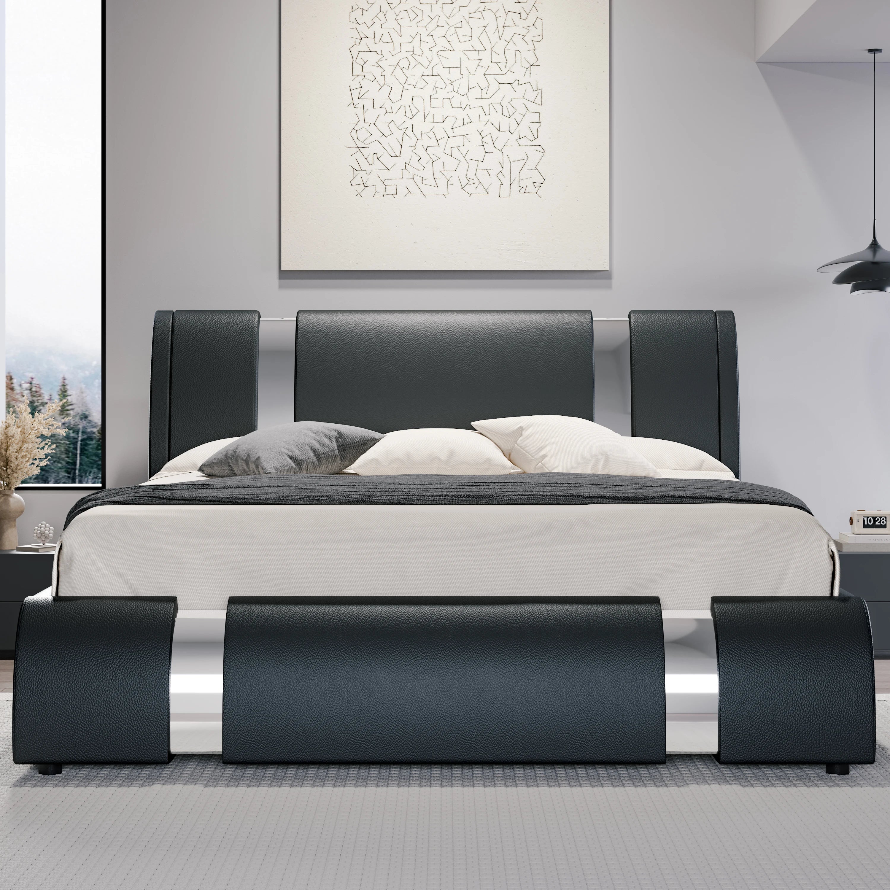 Faux Leather Bed Frame with Iron Pieces Decor, Low Profile