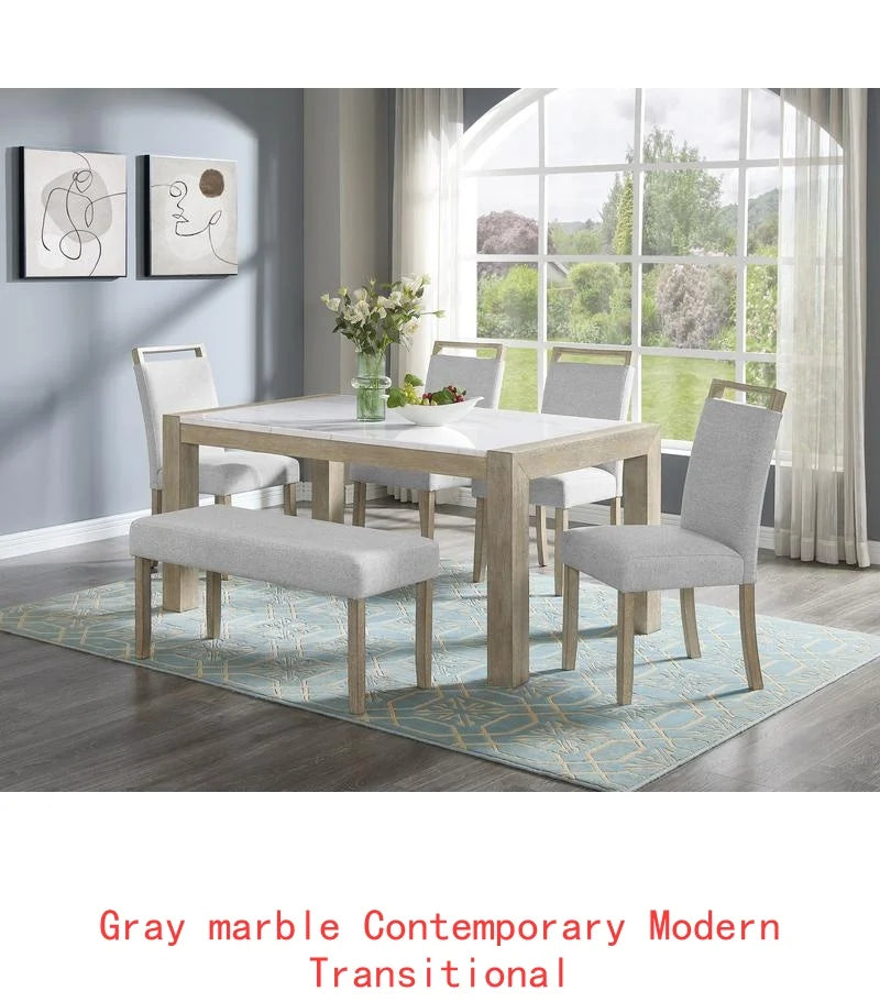 Contemporary 7pc Dining Set with White Faux Marble Rectangular Table