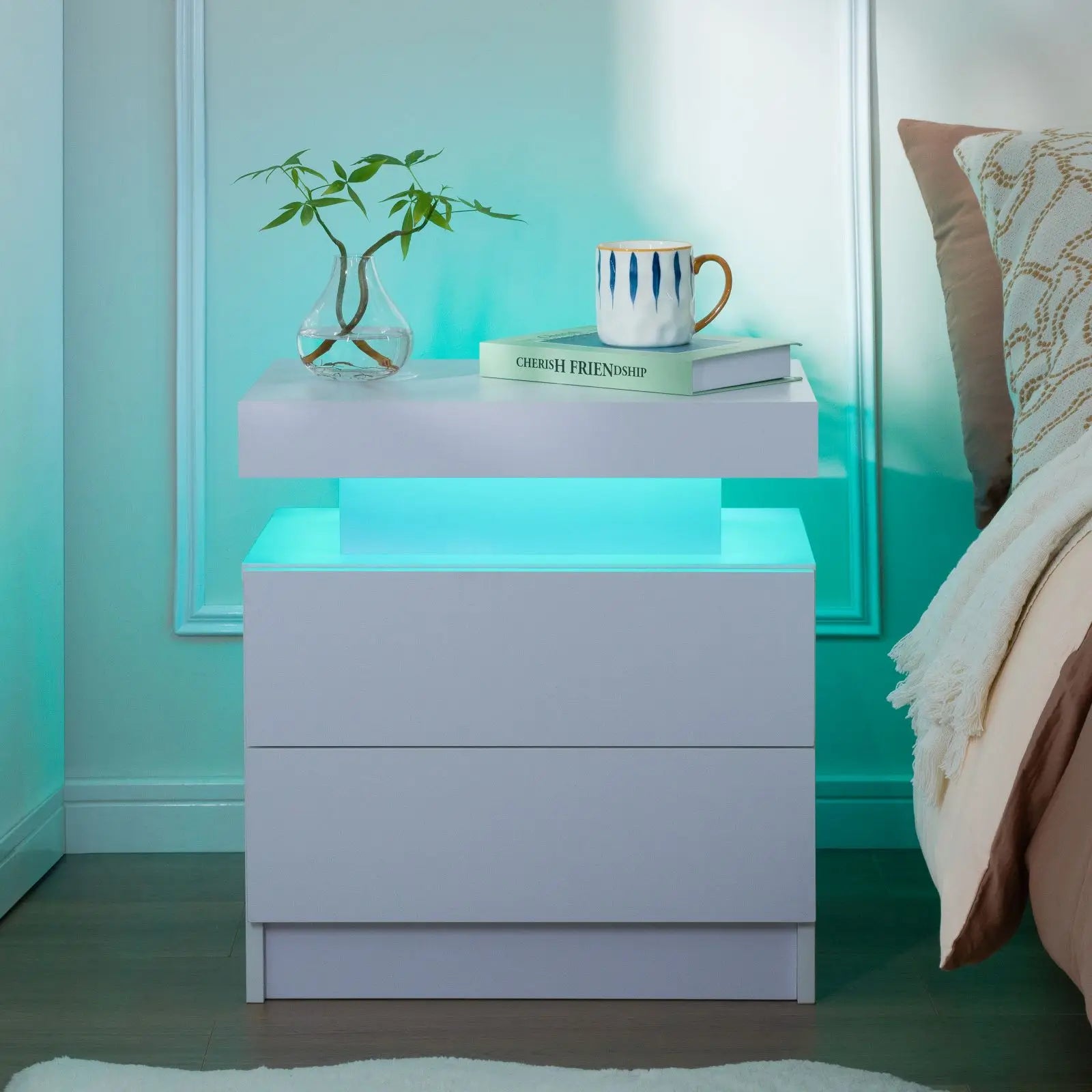 Set of 2 LED Nightstand with 2 Drawers for Bedroom