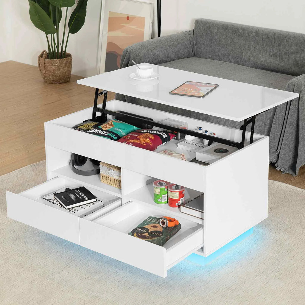Top Lift Coffee Table with RGB LED Light High Gloss Surface