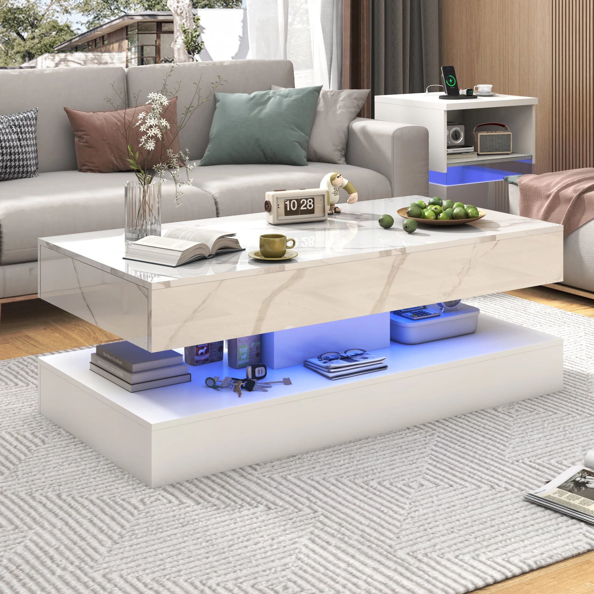 Table with LED lights, Double-Layer Design for Living Room