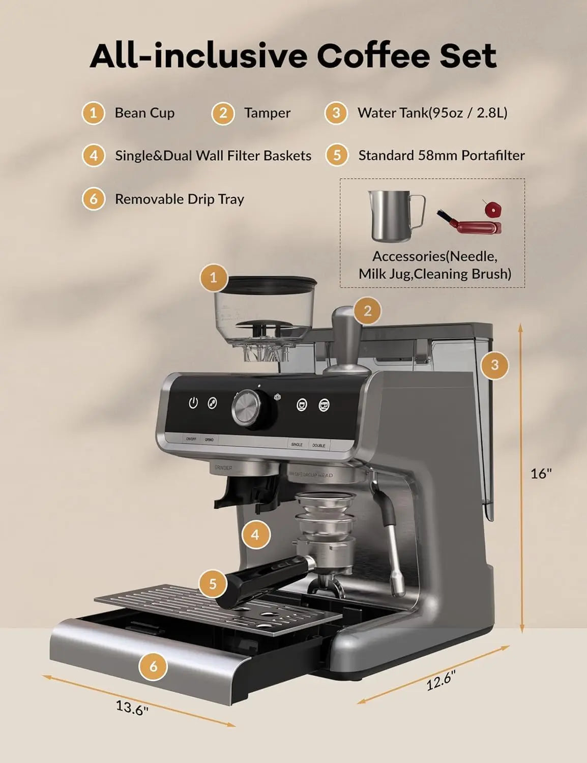 Espresso Coffee Machine 1450W Semi Automatic Espresso Maker