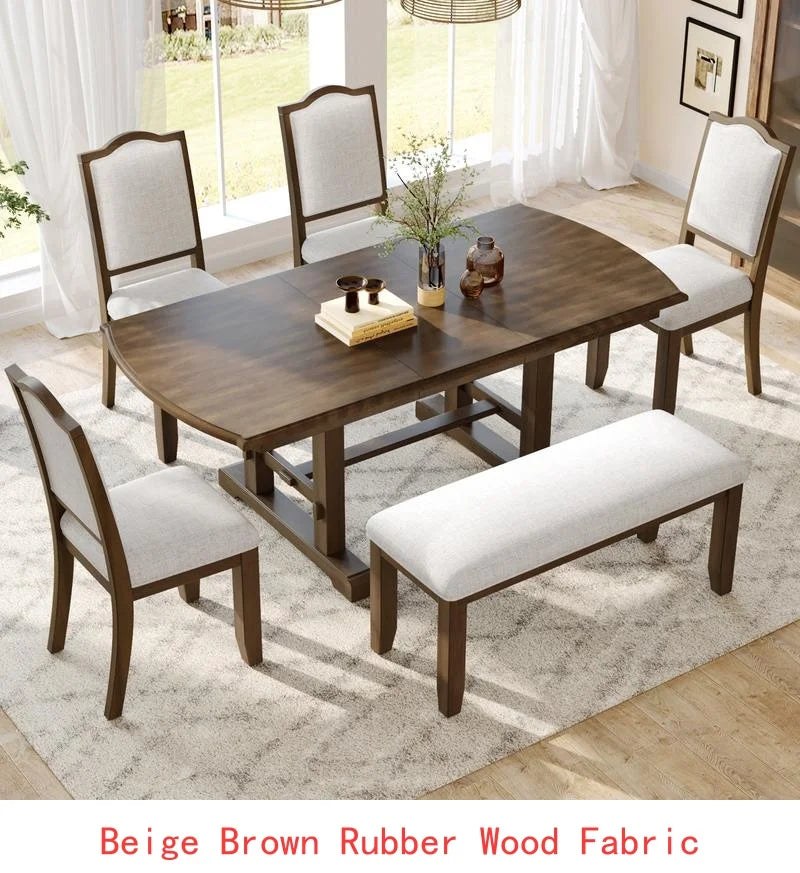 6-Piece Dining Set, Extendable 60-78 inch Wooden Table with Leaf