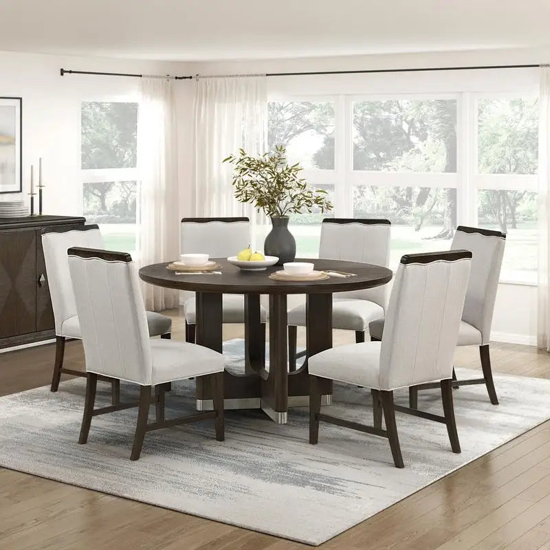 Modern Brown Finish 7-Piece Dining Set with Round Table