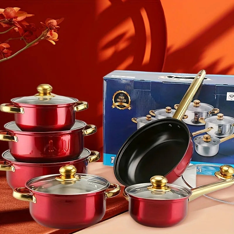 Red Cookware Set, 12-Piece ,Stainless Steel, Non-Stick