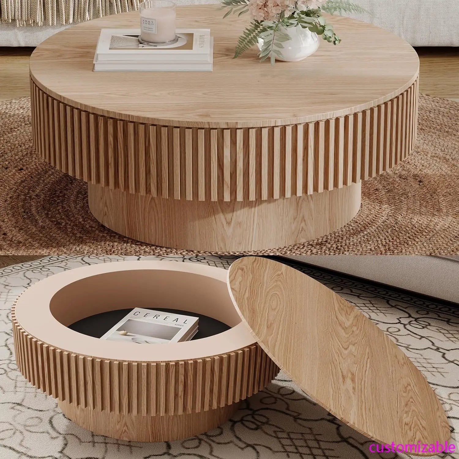,Modern Luxury Circle Drum Center Tables with Solid Wood Veneered