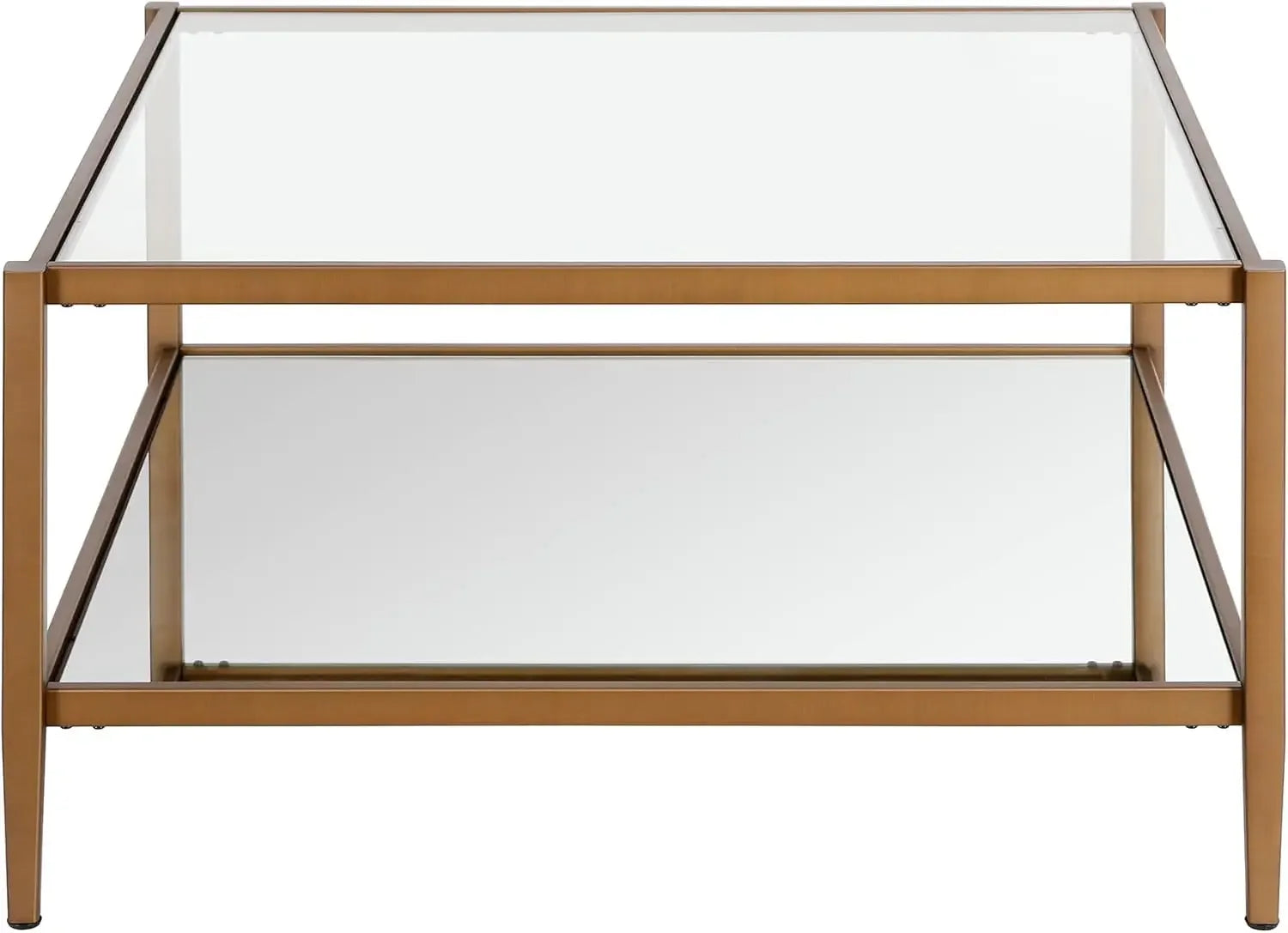 -32" Wide Square Coffee Table with Mirror Shelf in Antique Brass