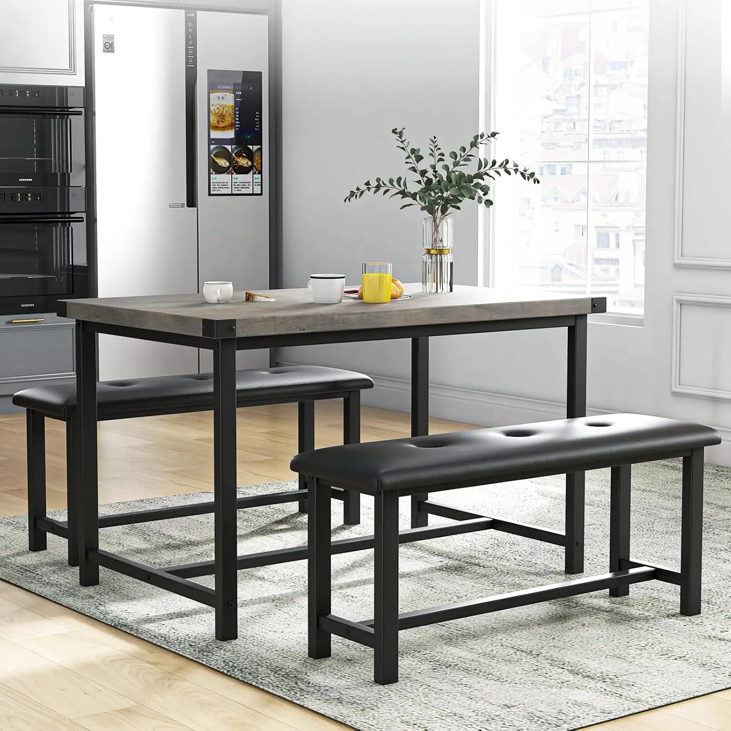 Dining Table Set with 2 Upholstered Bench