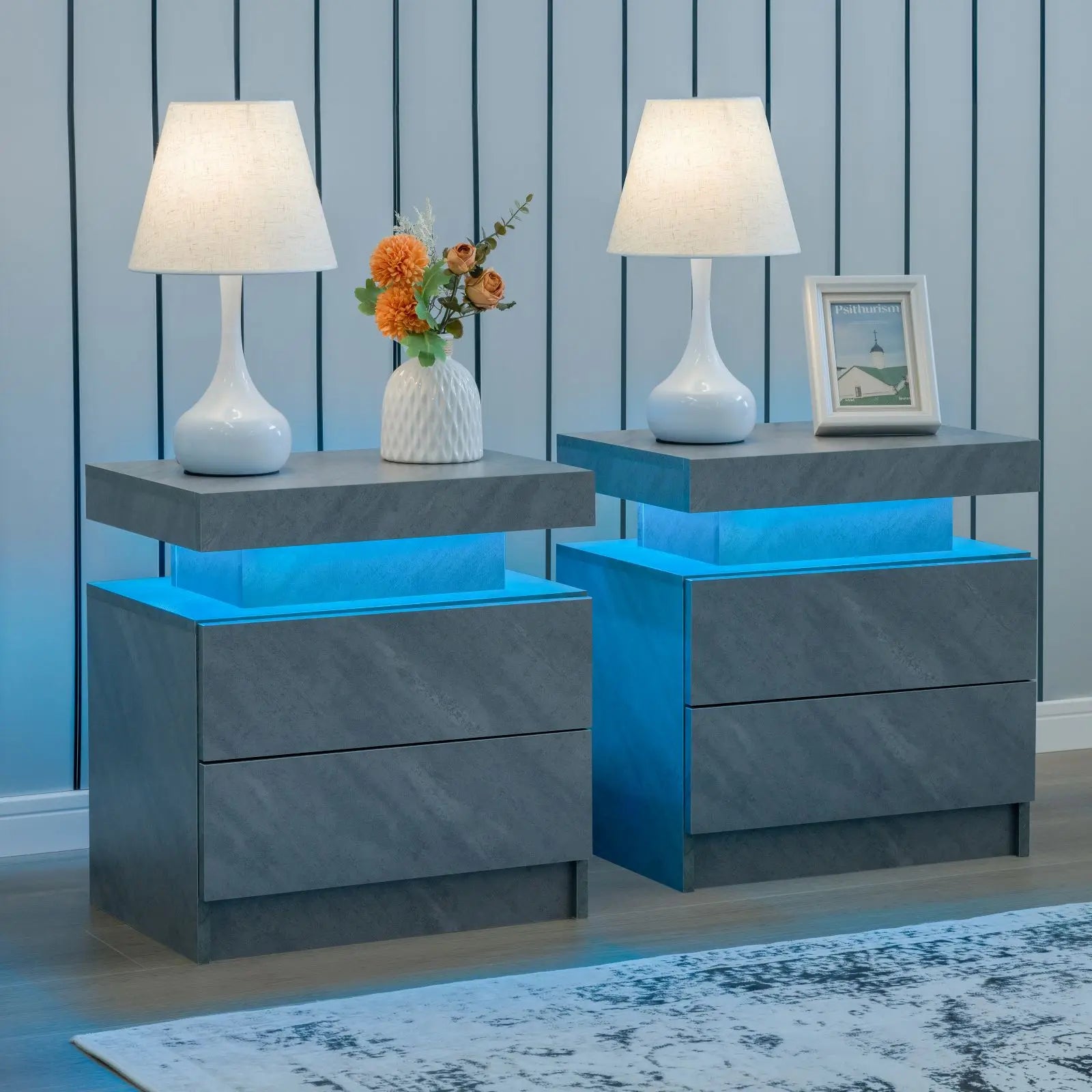 Set of 2 LED Nightstand with 2 Drawers for Bedroom