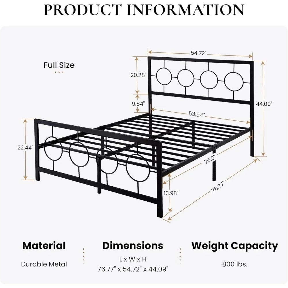 Full Size Bed Frame with Circular Design Headboard and Footboard, No Box Spring Required