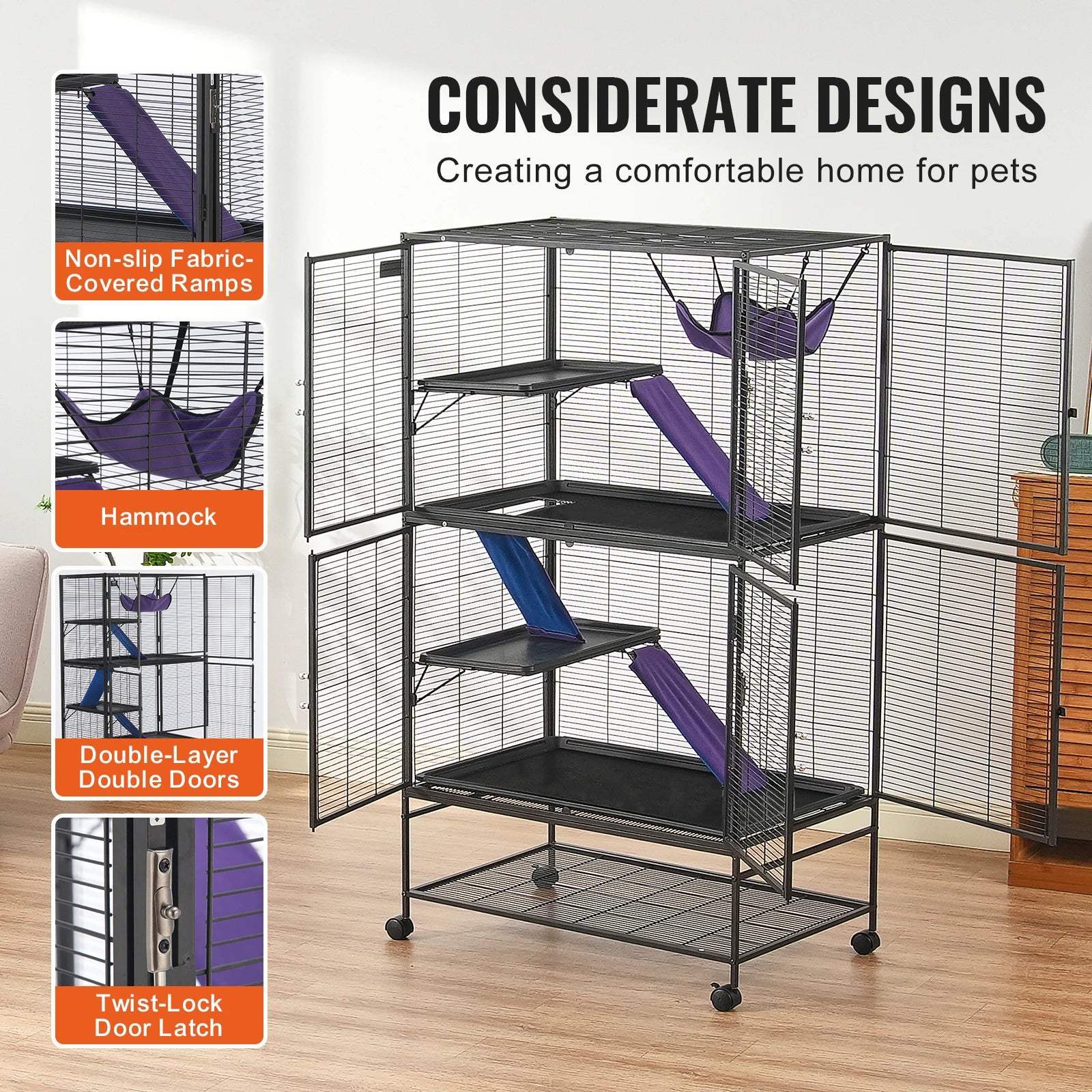 64.6" Rolling Metal Ferret Cage Large 4-Tier Critter Nation