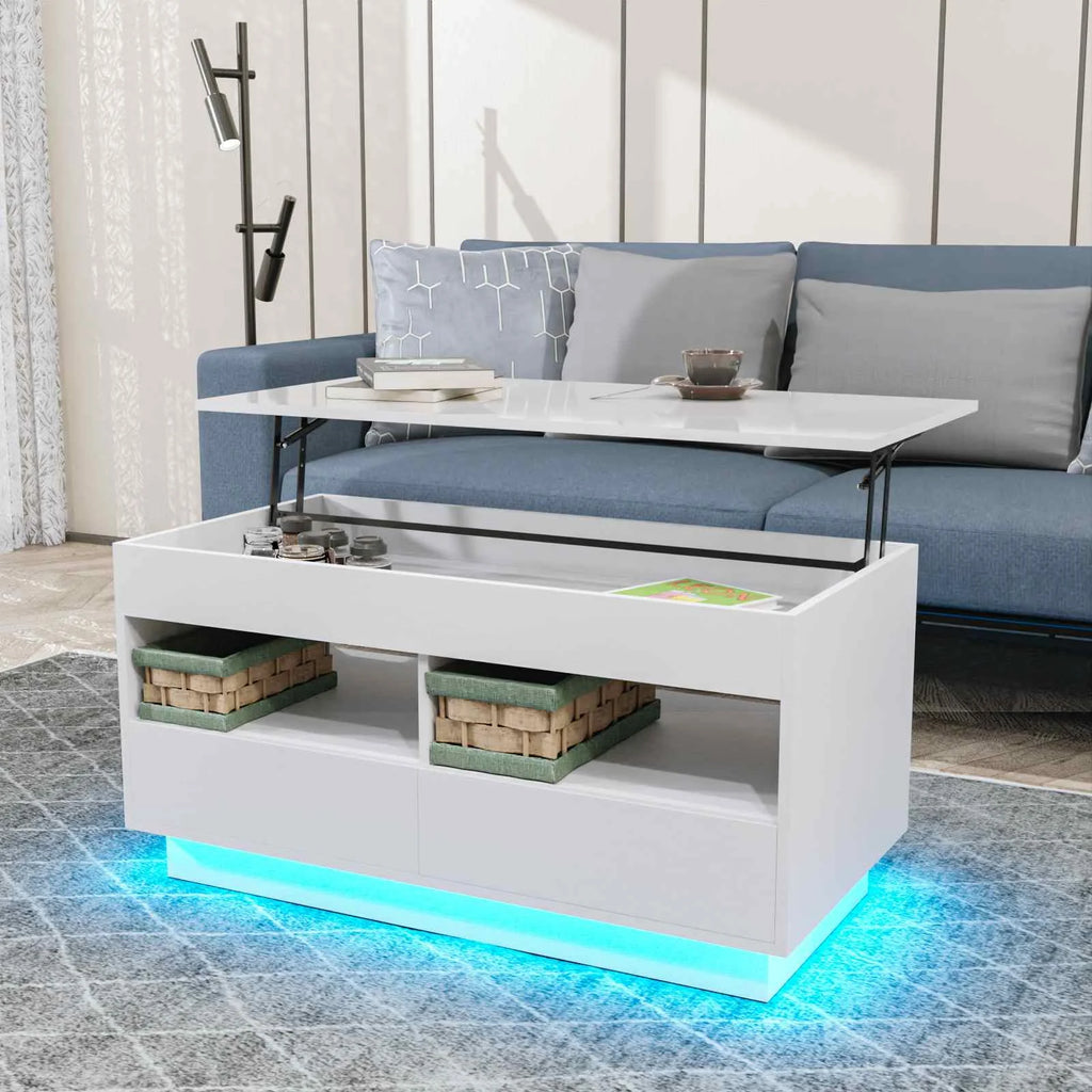 Top Lift Coffee Table with RGB LED Light High Gloss Surface