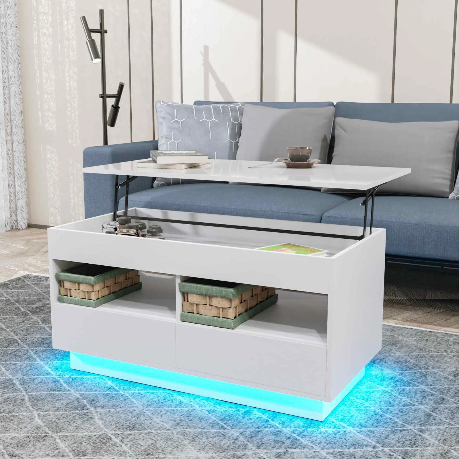 Top Lift Coffee Table with RGB LED Light High Gloss Surface
