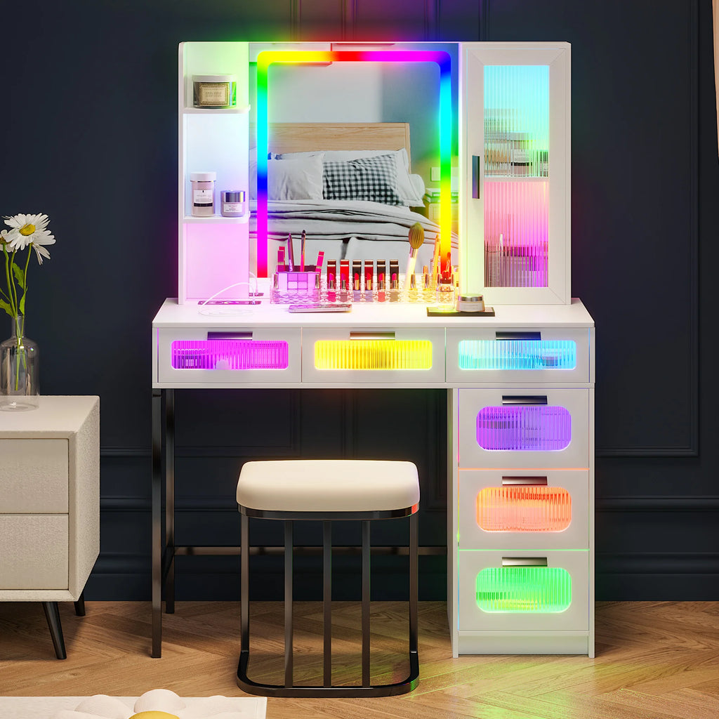 Vanity with RGB Lights and 6 Drawers, with USB/Wireless Charging