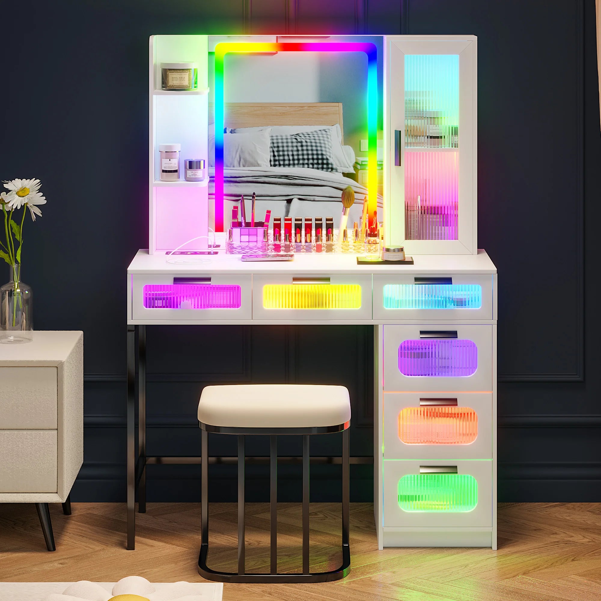 Vanity with RGB Lights and 6 Drawers, with USB/Wireless Charging