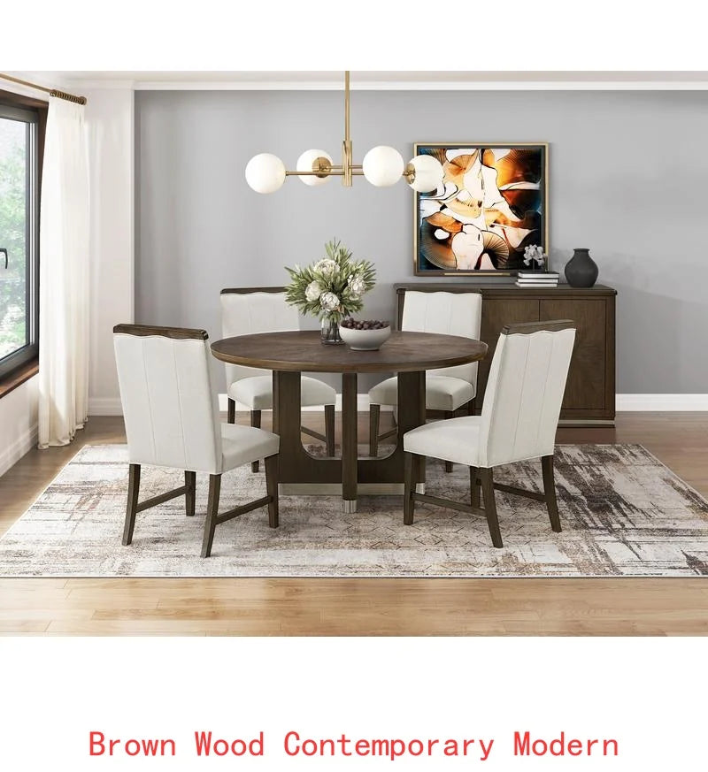 Modern Brown Finish 7-Piece Dining Set with Round Table