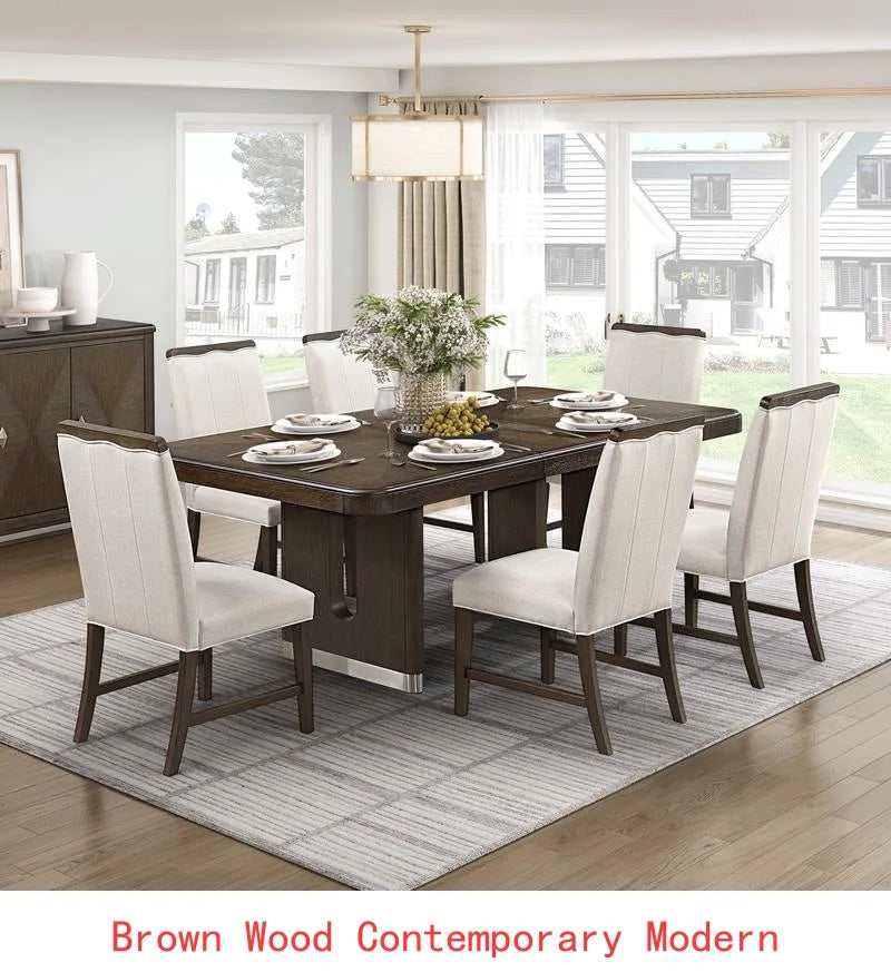 Modern Brown Finish 7-Piece Dining Set with Round Table