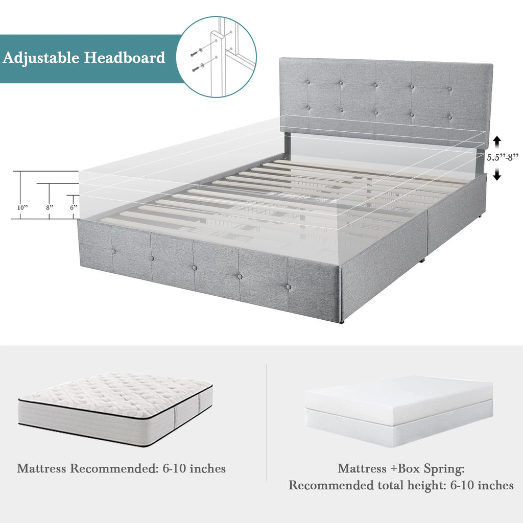 Platform Storage Bed Frame with 4 Drawers, Adjustable Headboard