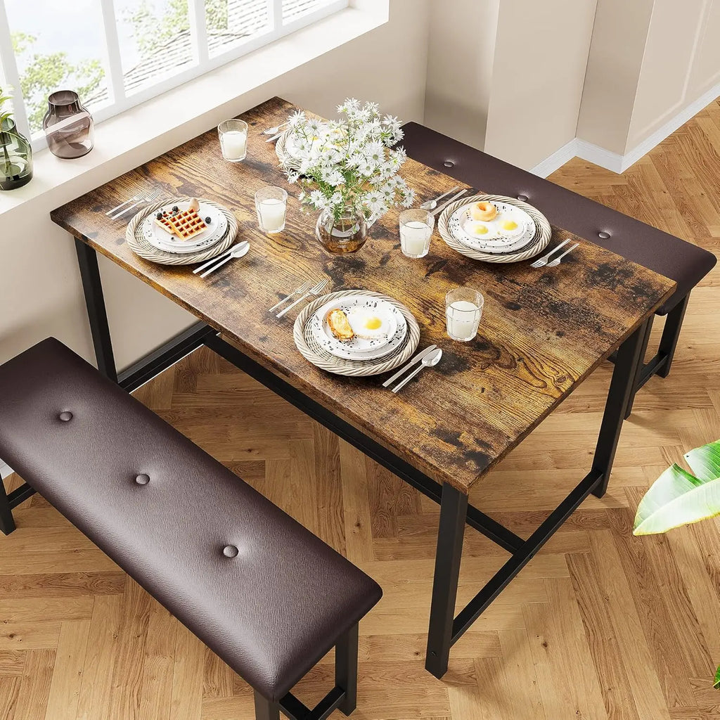 Brown Dining Table Set for 4,  With Upholstered Benches