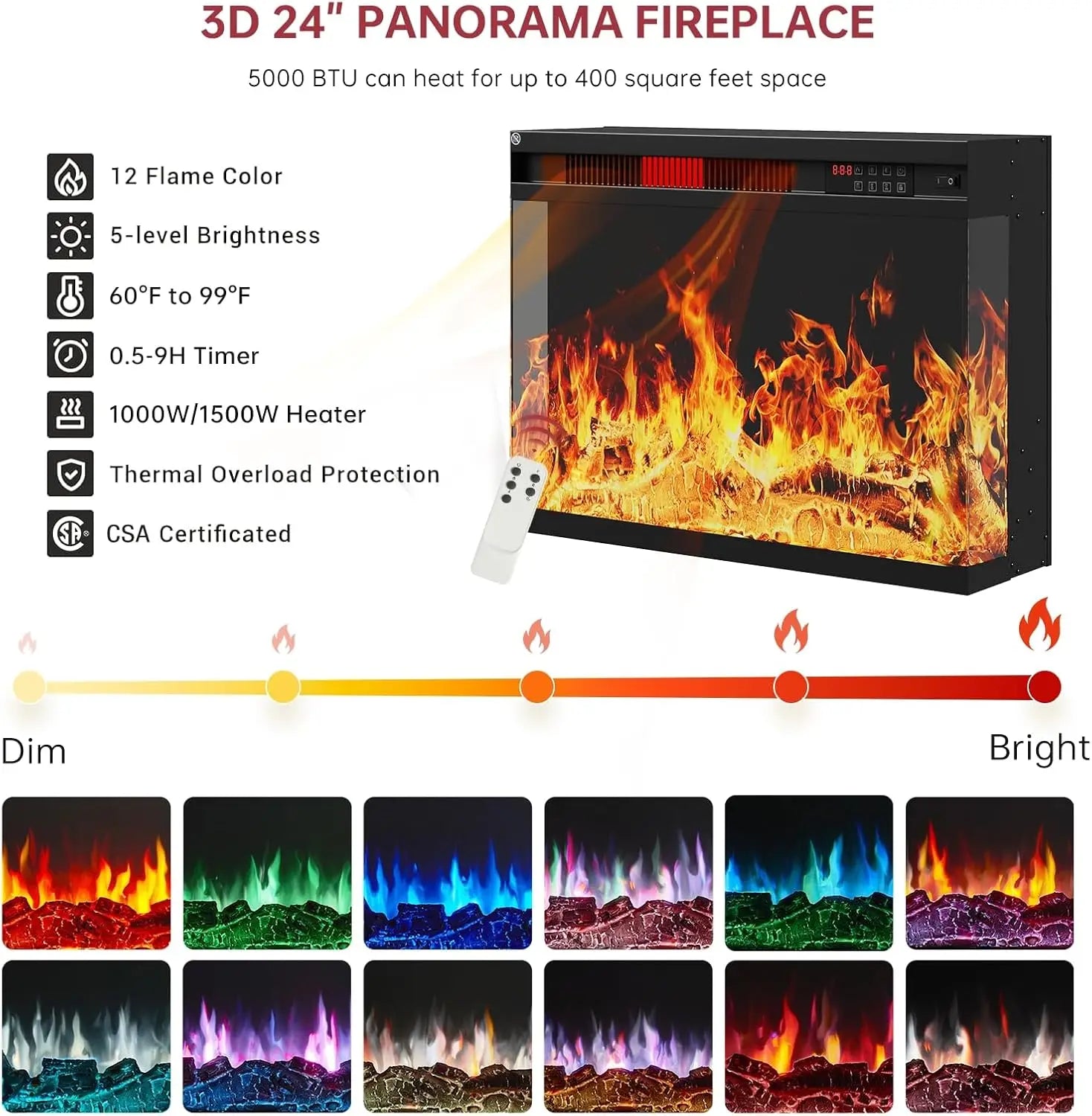 59"Glass Fireplace TV Stand w/ 3-Sided View - Holds 65" TVs