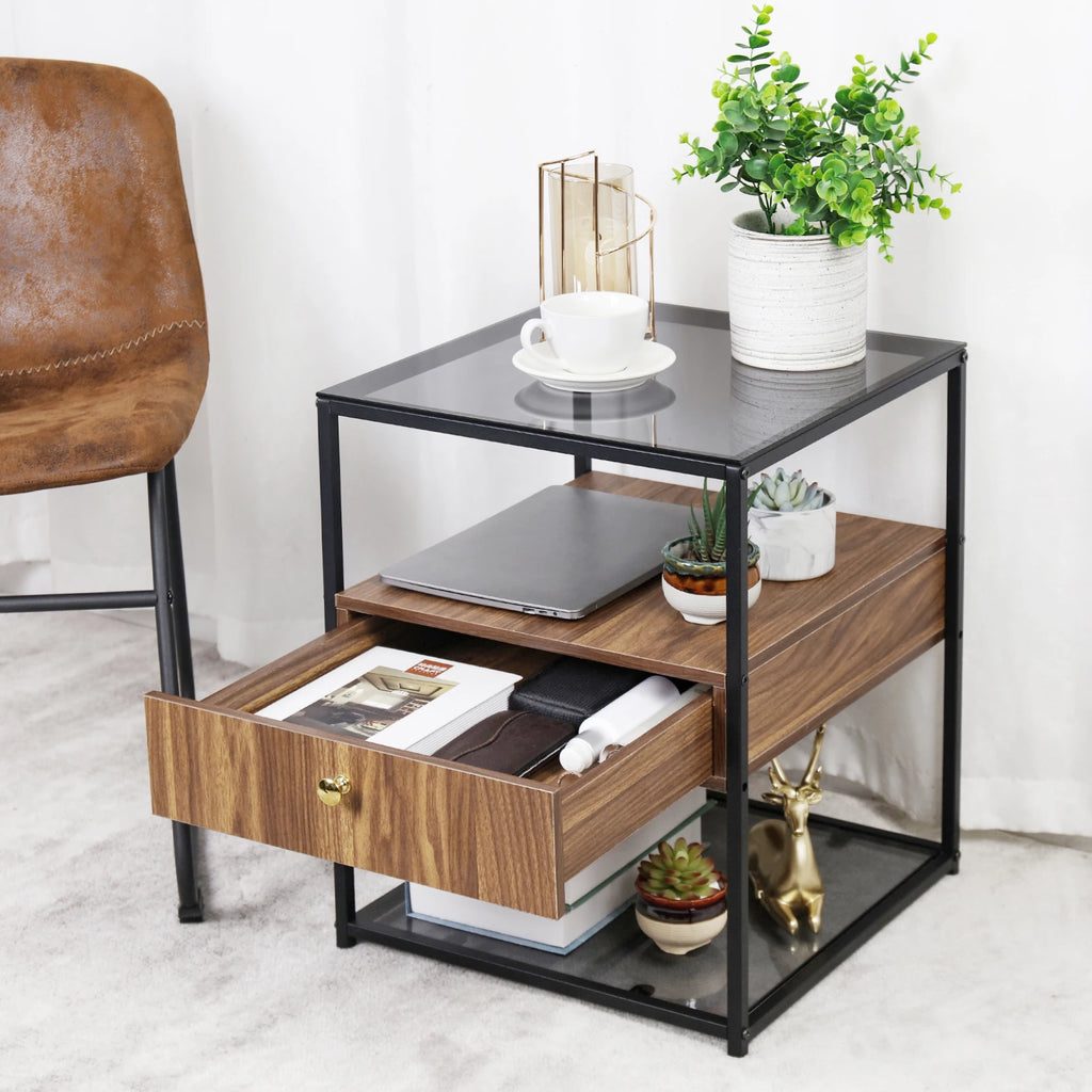 Tempered Glass Side Table, Nightstand, with Drawer and Shelf
