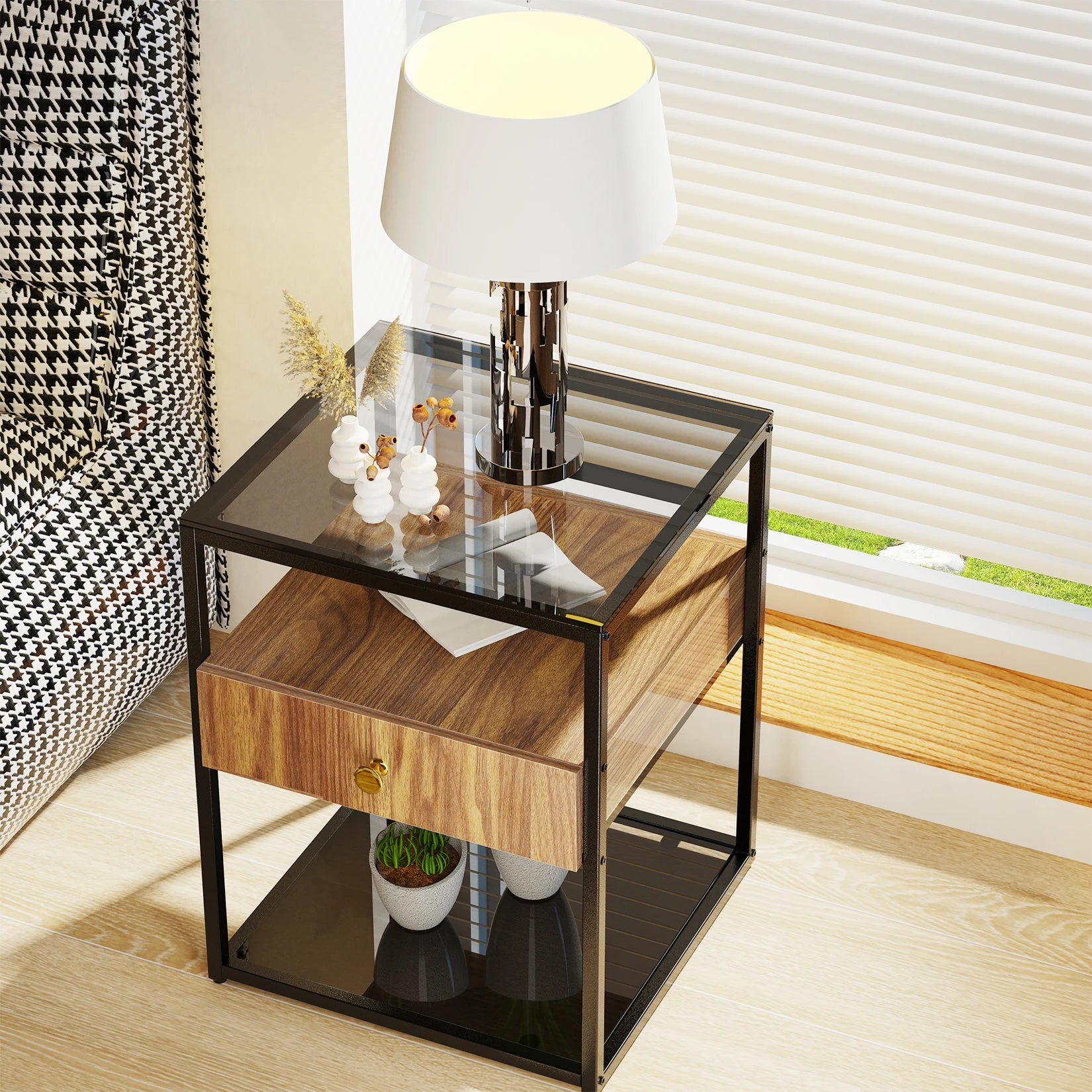 Tempered Glass Side Table, Nightstand, with Drawer and Shelf