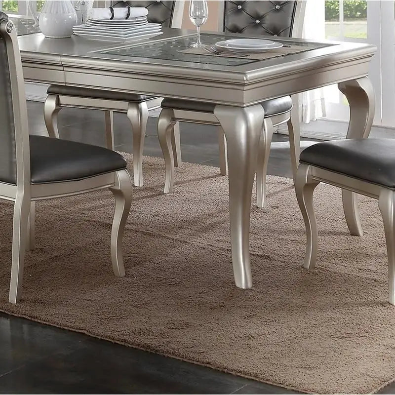 7pc Rect. Glass Dining Table Set w/ Silver Hue