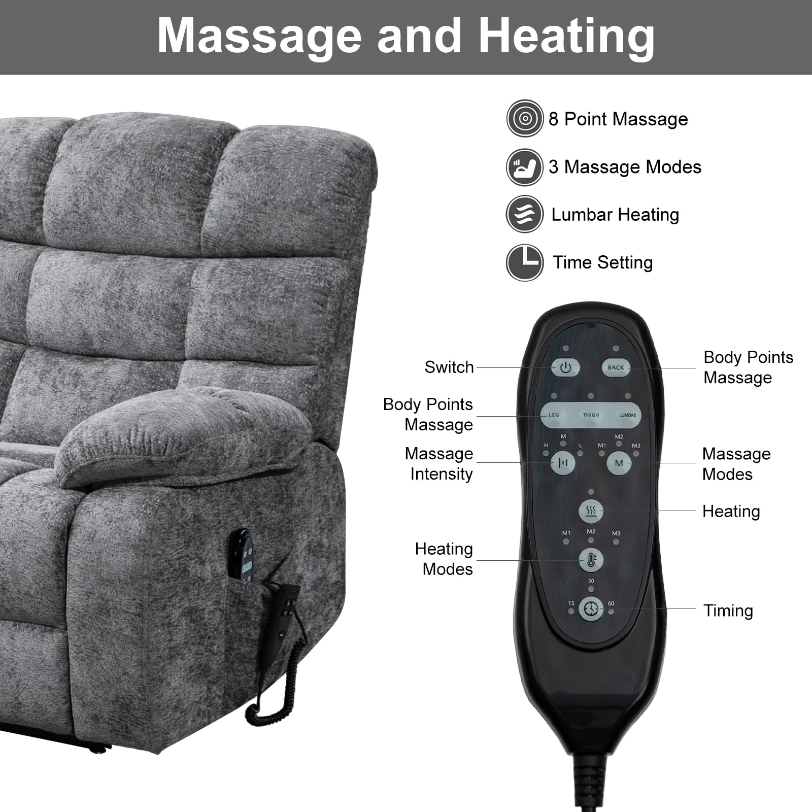 Oversized Recliner Chair with Heat and Massage, Power Lift